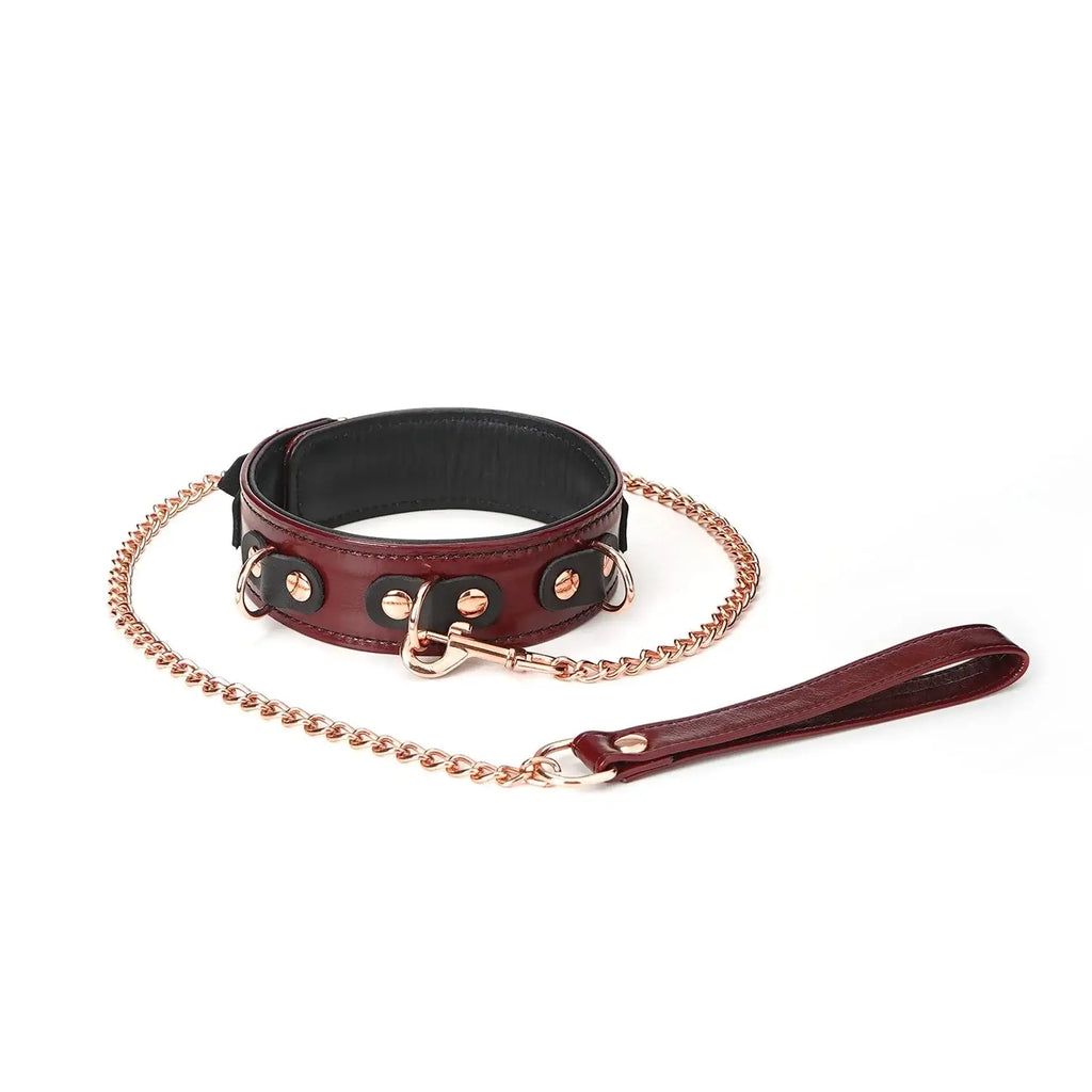 Wine Red Collection Leather Collar with Leash - Burgundy - Restraints