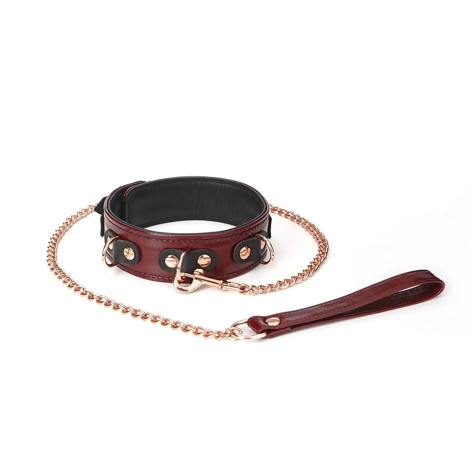 Wine Red Collection Leather Collar with Leash - Burgundy - Restraints