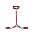 Wine Red Collection Leather Collar & Wrist Restraints Harness - Burgundy