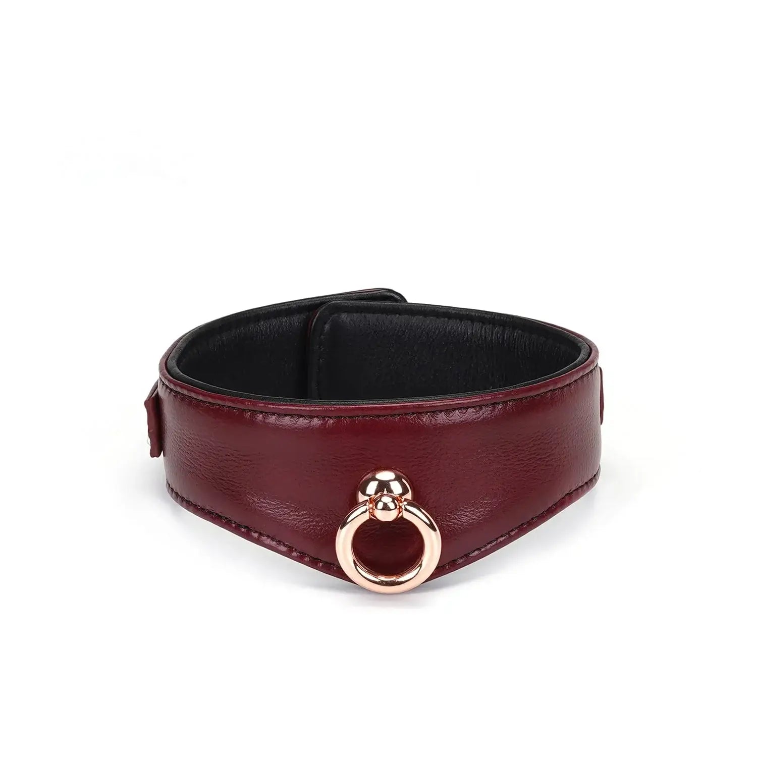 Wine Red Collection Leather Curved Collar with Leash & Lock - Burgundy - Restraints