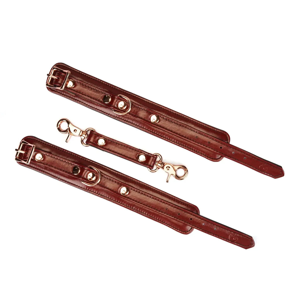Wine Red Collection Leather Narrow Handcuffs - Burgundy - Restraints