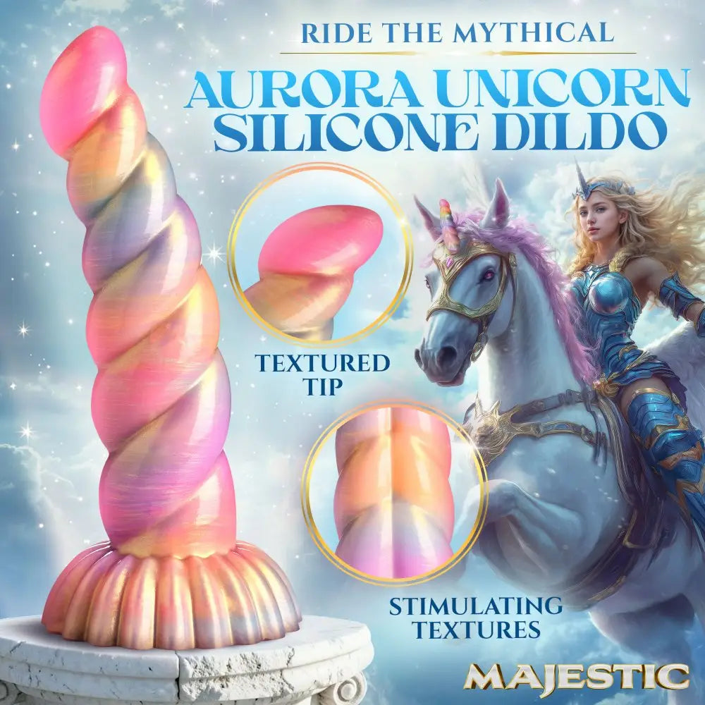 XR Brands® Aurora Unicorn Dildo – Fantasy Silicone with Suction Cup | 8.5’’ Multicolor