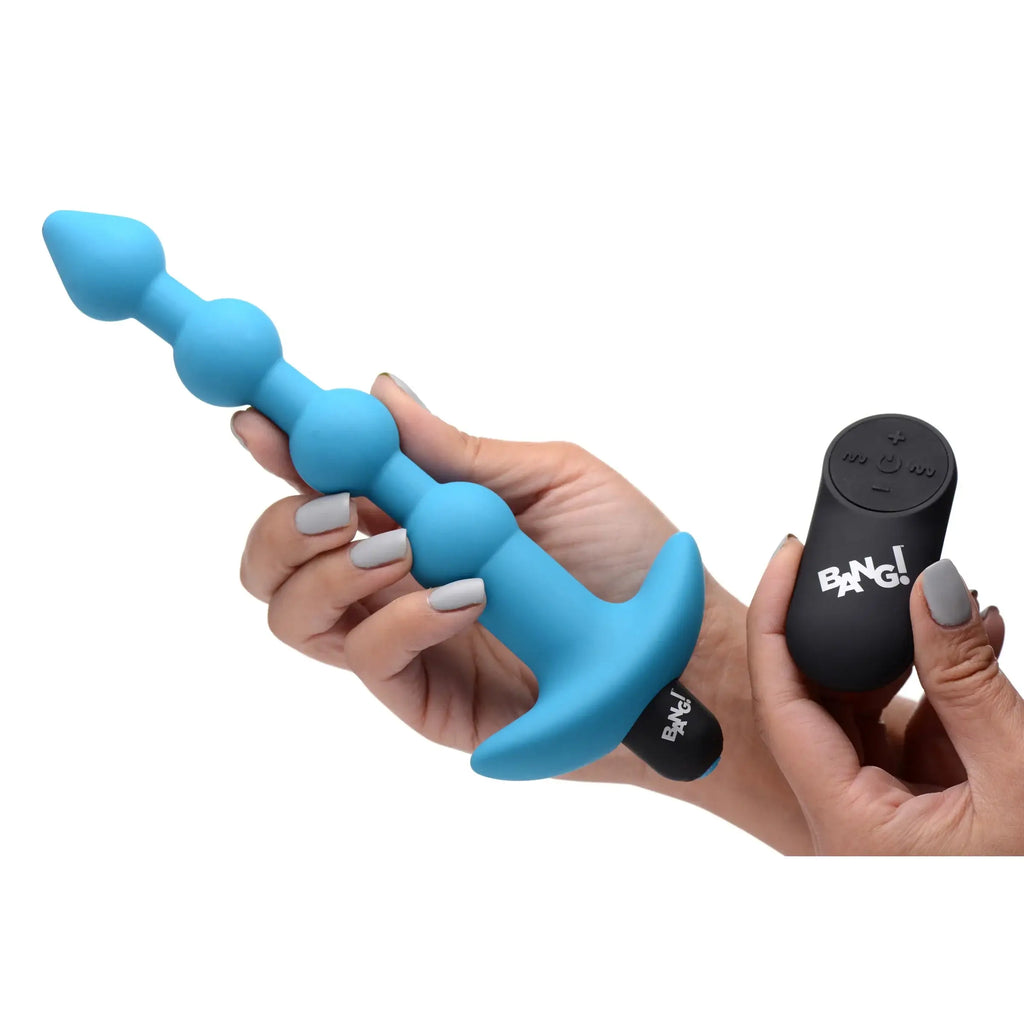 XR Brands® Brands Bang! Remote Control Vibrating Anal Beads – 11 Modes IPX7 Waterproof & Rechargeable Light Blue