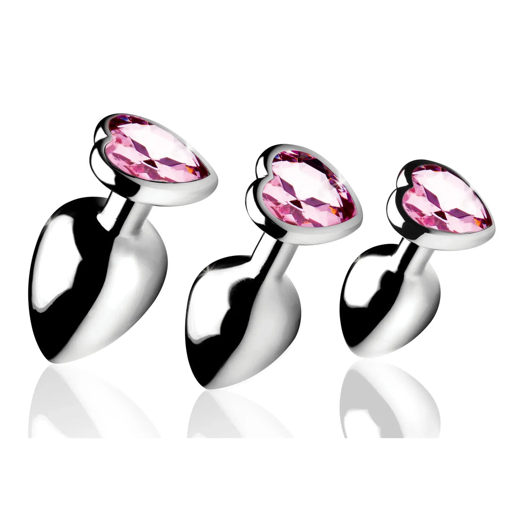 XR Brands® Brands Booty Sparks Pink Heart Gem Anal Plug Set – 3 Sizes Metal Temperature Play
