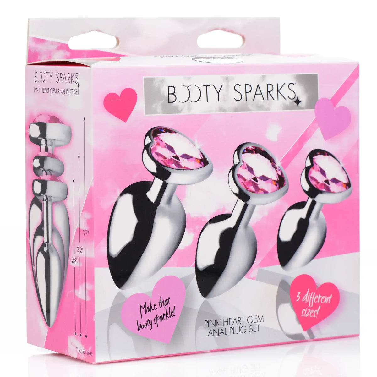 XR Brands® Brands Booty Sparks Pink Heart Gem Anal Plug Set – 3 Sizes Metal Temperature Play