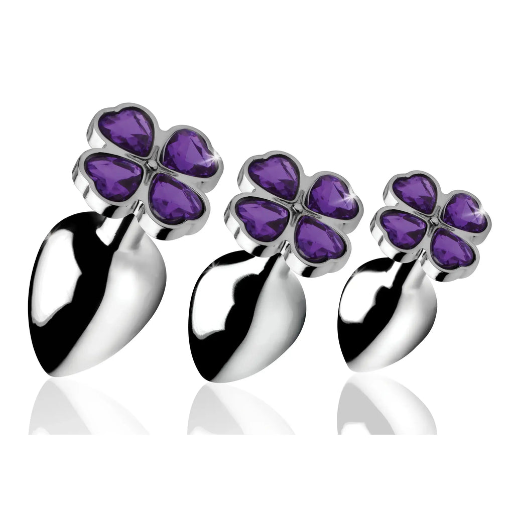 XR Brands® Brands Booty Sparks Violet Flower Gem Anal Plug Set – 3 Sizes Metal Temperature Play Purple