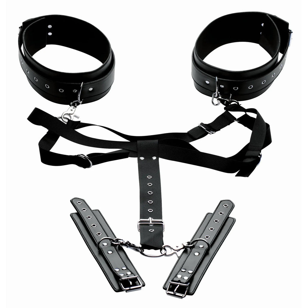 XR Brands® Brands Master Series Acquire Thigh Harness With Wrist Cuffs Black