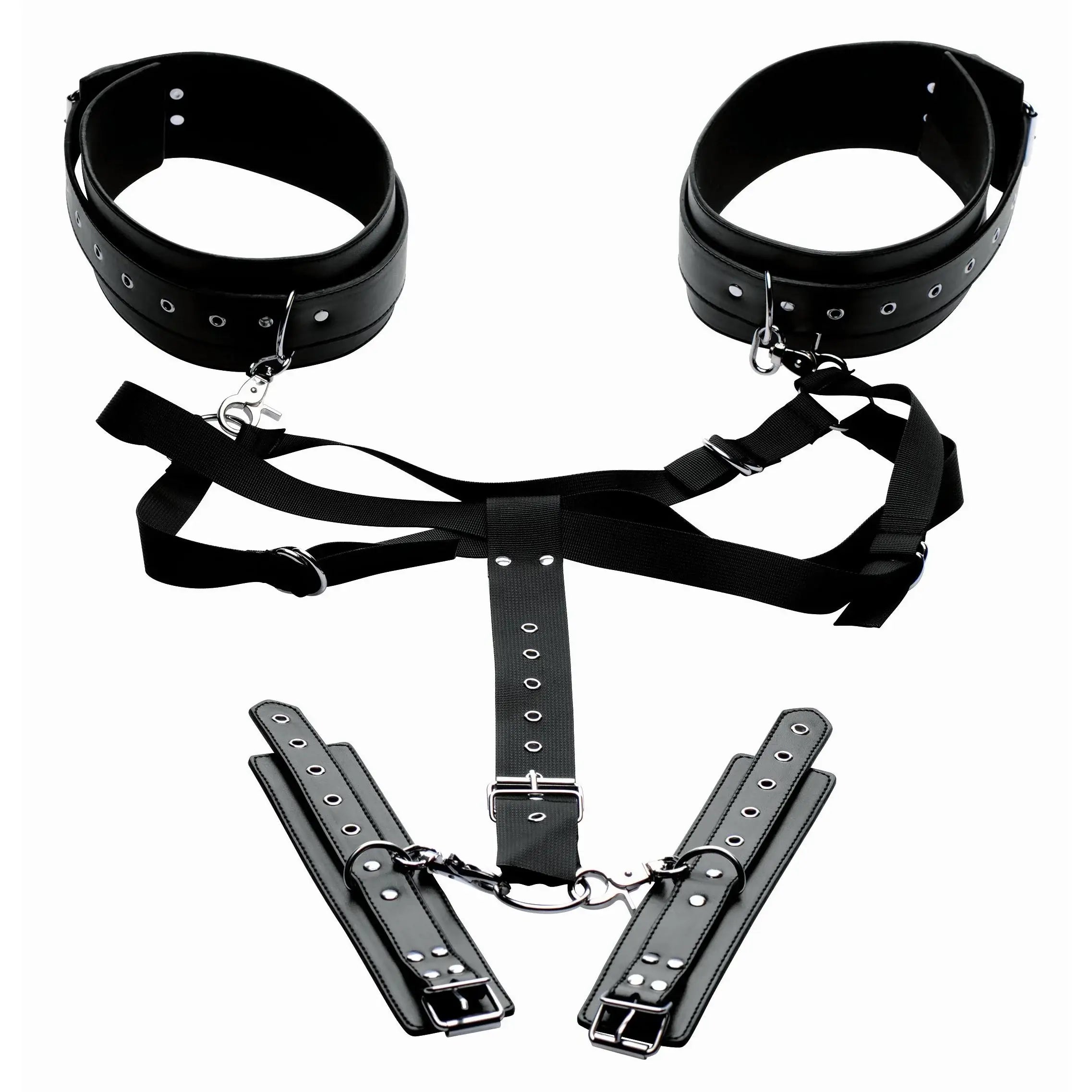 XR Brands® Brands Master Series Acquire Thigh Harness With Wrist Cuffs Black