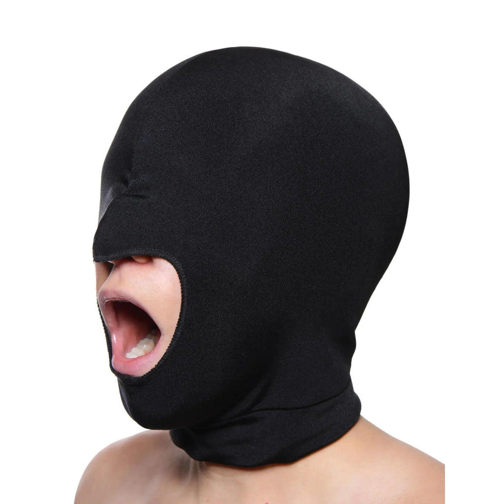 XR Brands® Brands Master Series Blow Hole Open-Mouth Spandex Bondage Hood Black