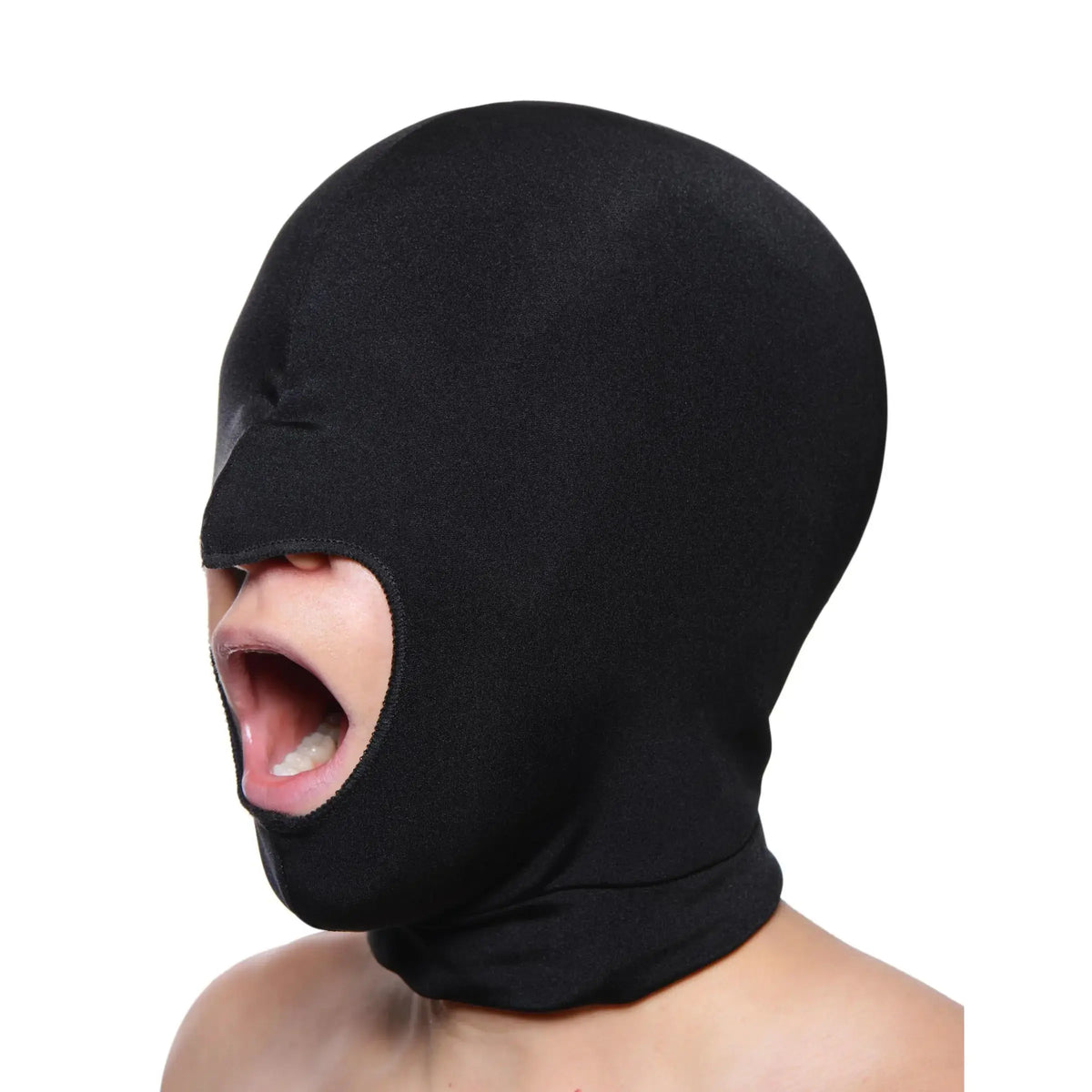 XR Brands® Brands Master Series Blow Hole Open-Mouth Spandex Bondage Hood Black