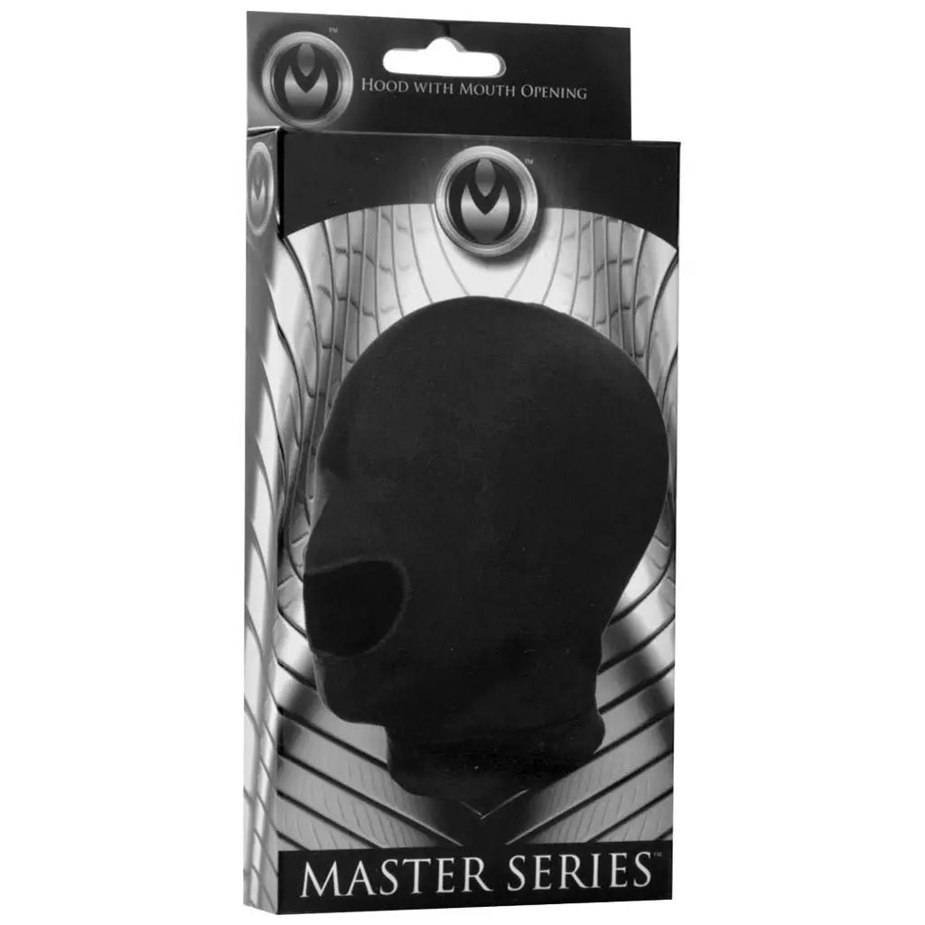 XR Brands® Brands Master Series Blow Hole Open-Mouth Spandex Bondage Hood Black
