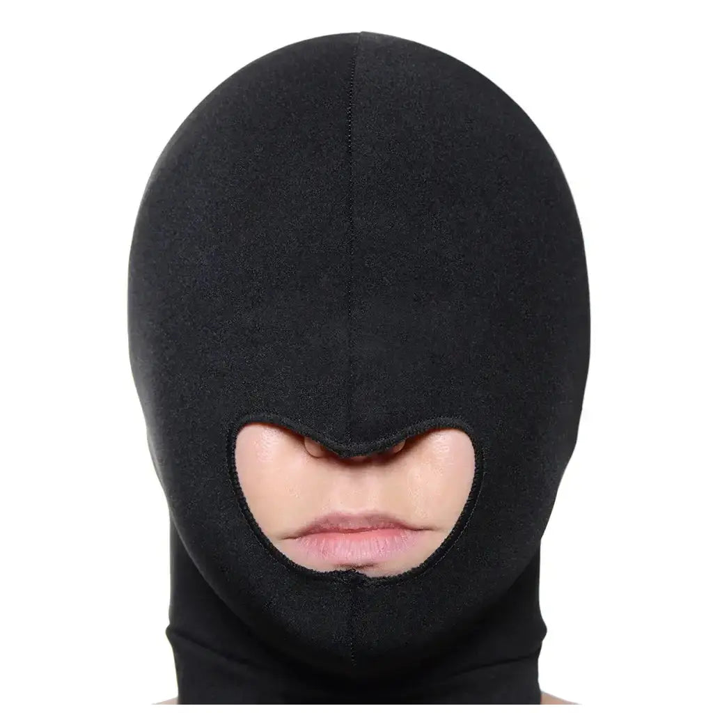 XR Brands® Brands Master Series Blow Hole Open-Mouth Spandex Bondage Hood Black