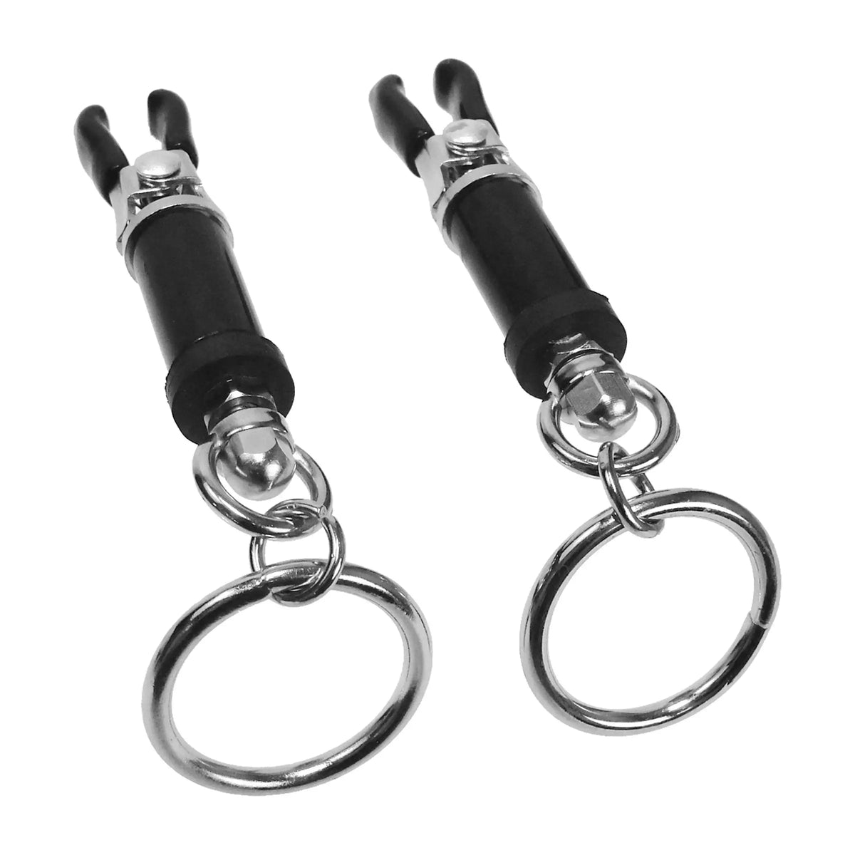 XR Brands® Brands Master Series Bondage Ring Barrel Nipple Clamps with Dangling Rings Black