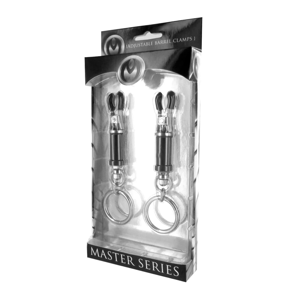 XR Brands® Brands Master Series Bondage Ring Barrel Nipple Clamps with Dangling Rings Black