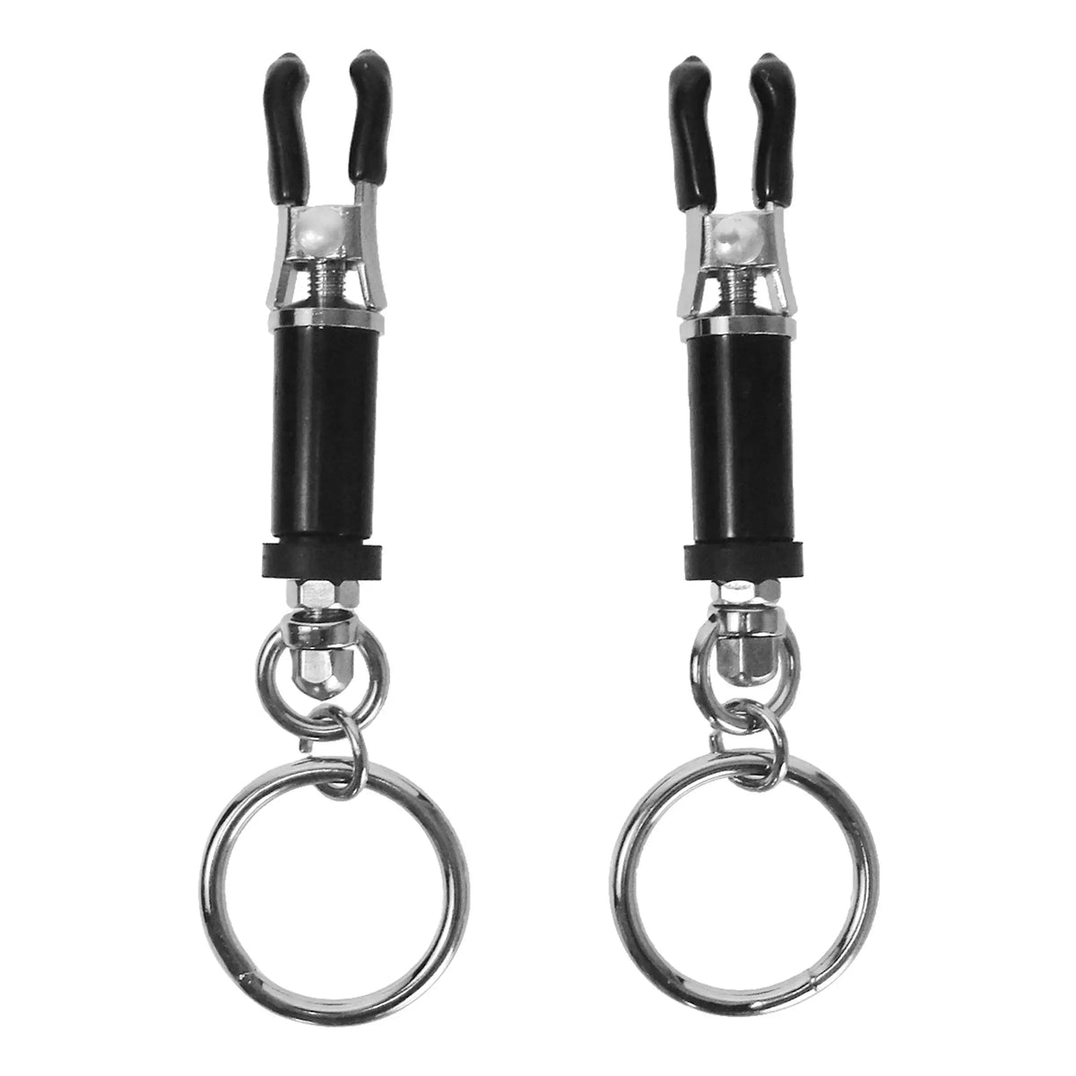 XR Brands® Brands Master Series Bondage Ring Barrel Nipple Clamps with Dangling Rings Black