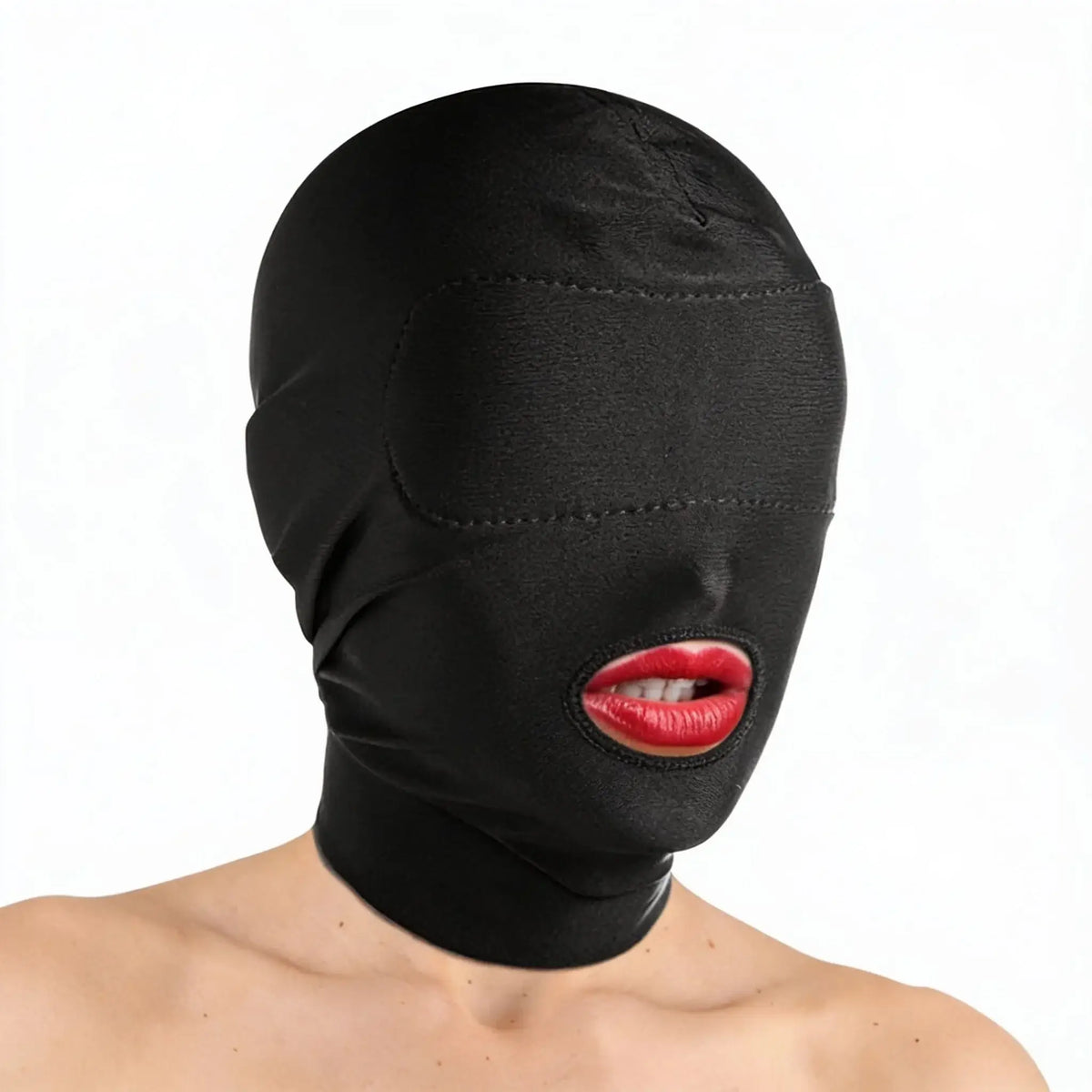 XR Brands® Brands Master Series Disguise Open Mouth Hood – Padded Blindfold Stretch Fit Black