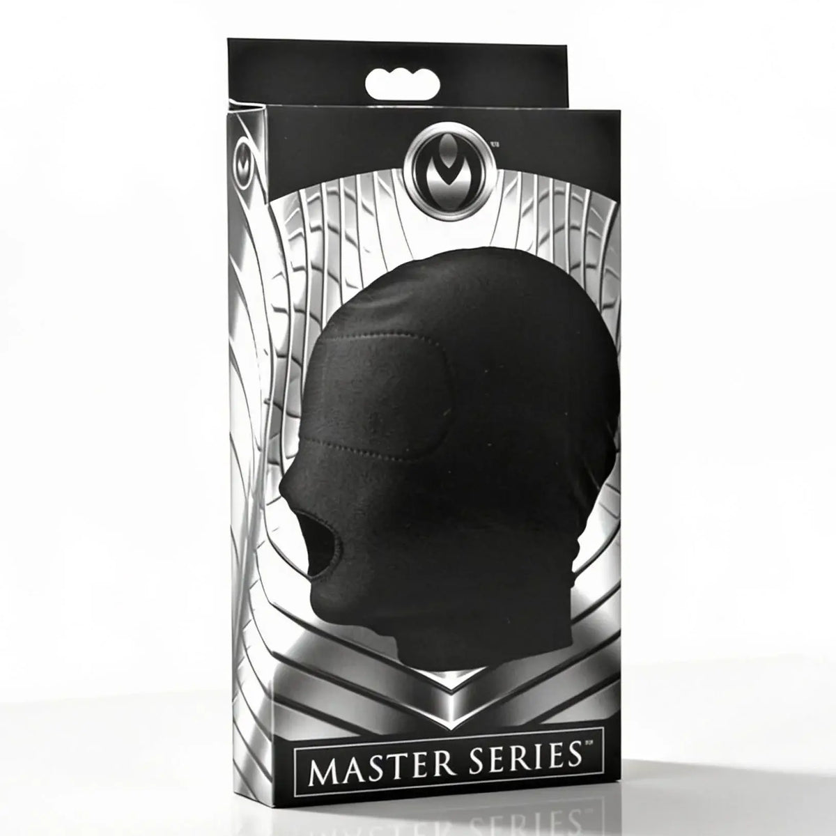 XR Brands® Brands Master Series Disguise Open Mouth Hood – Padded Blindfold Stretch Fit Black