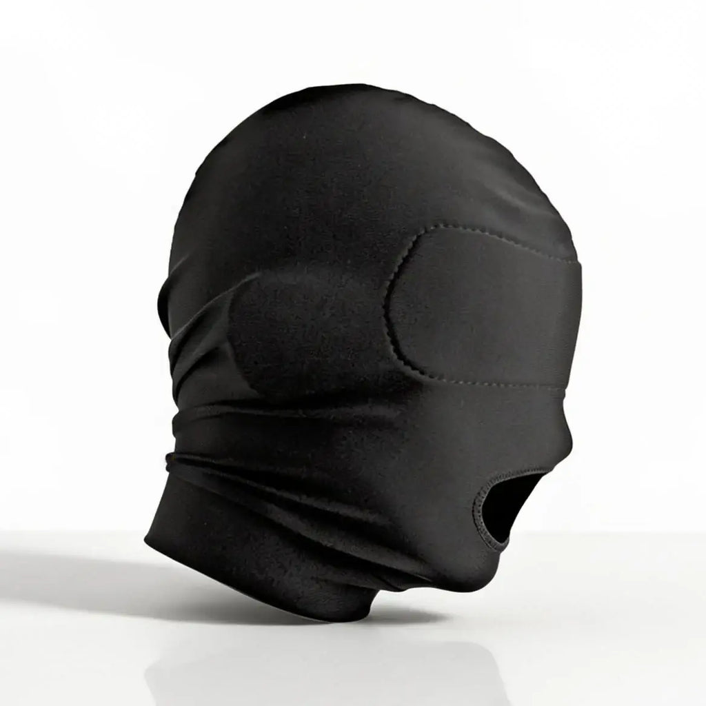 XR Brands® Brands Master Series Disguise Open Mouth Hood – Padded Blindfold Stretch Fit Black