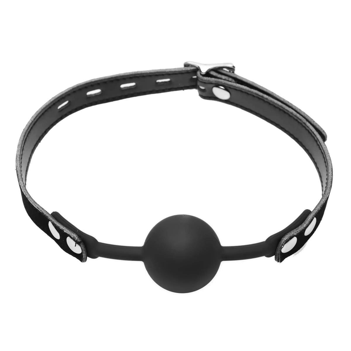 XR Brands® Brands Master Series Hush Locking Silicone Ball Gag – Leather Strap Comfort Fit Black