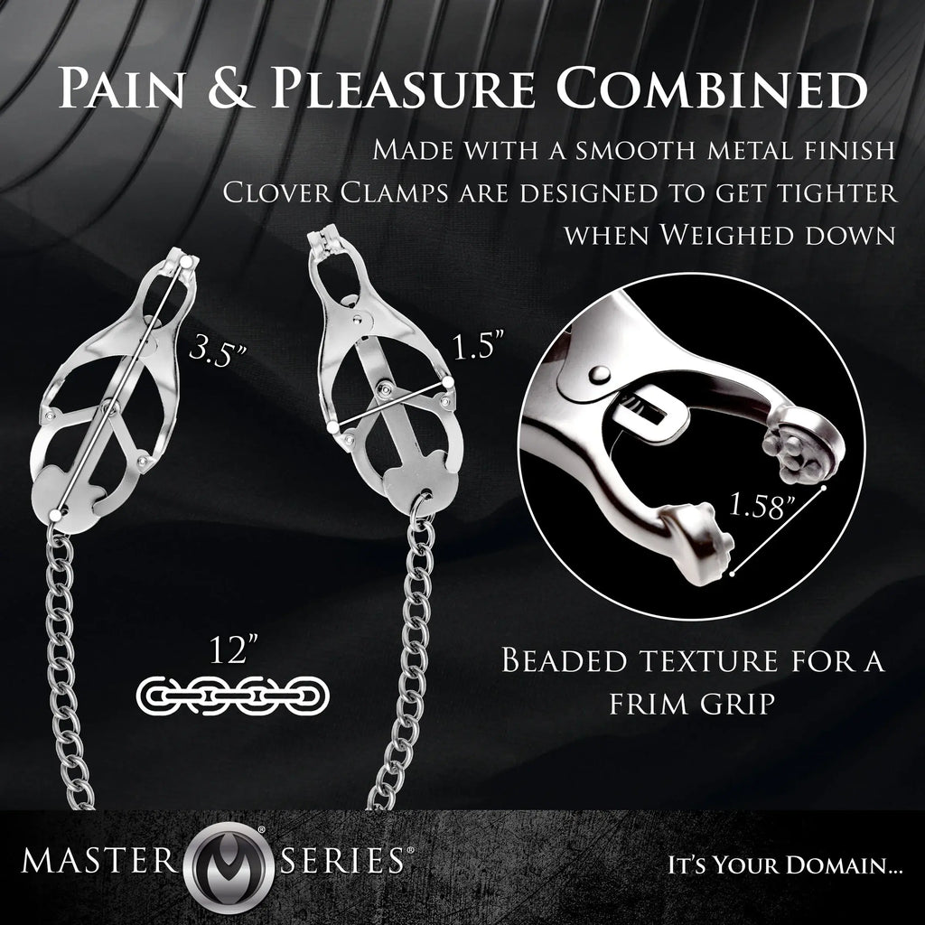 XR Brands® Brands Master Series Monarch Clover Nipple Clamps – Chain-Tightening Intermediate–Advanced Silver