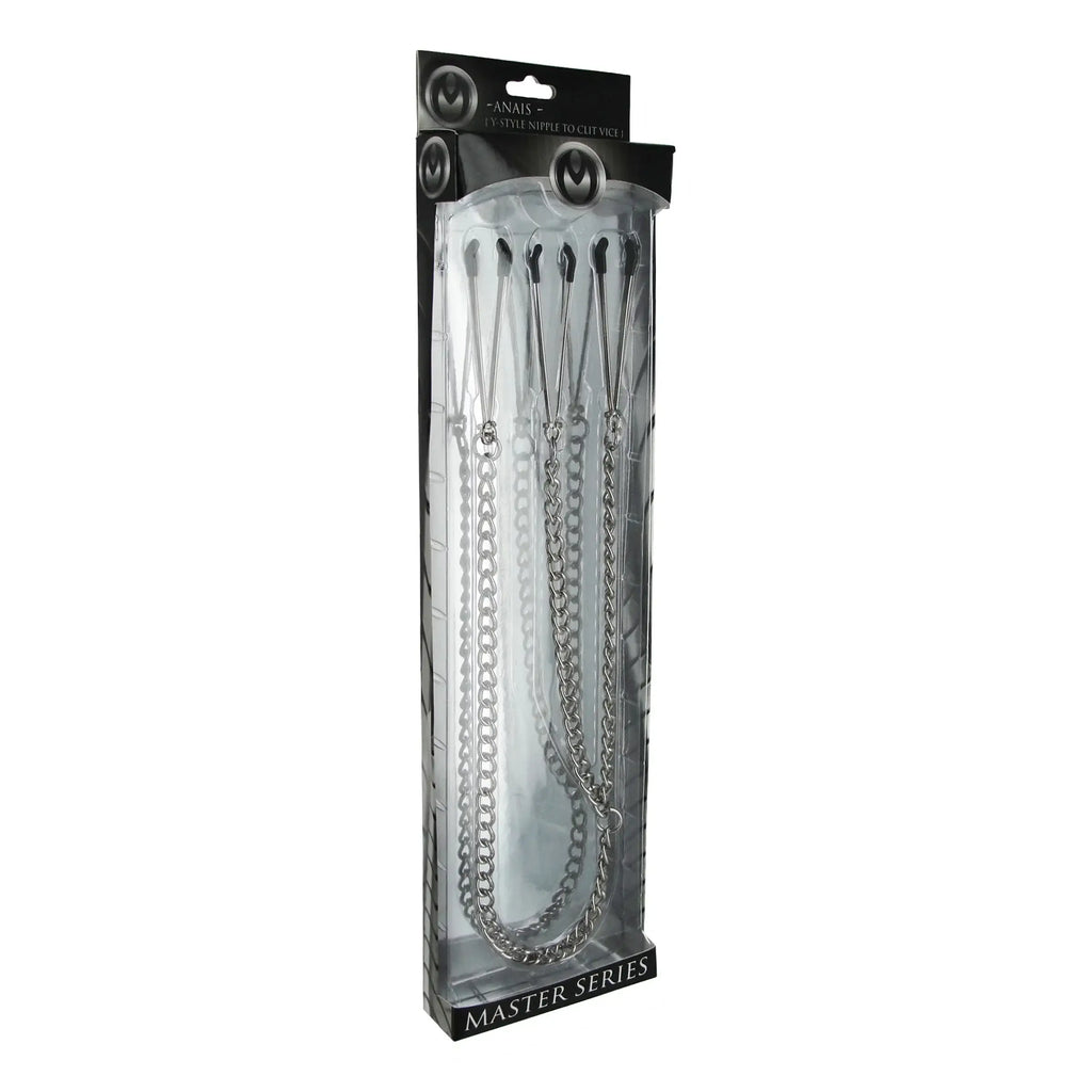 XR Brands® Brands Master Series Nipple to Clit Tweezer Clamp Set – Sliding Ring Vinyl Tips Chain Silver