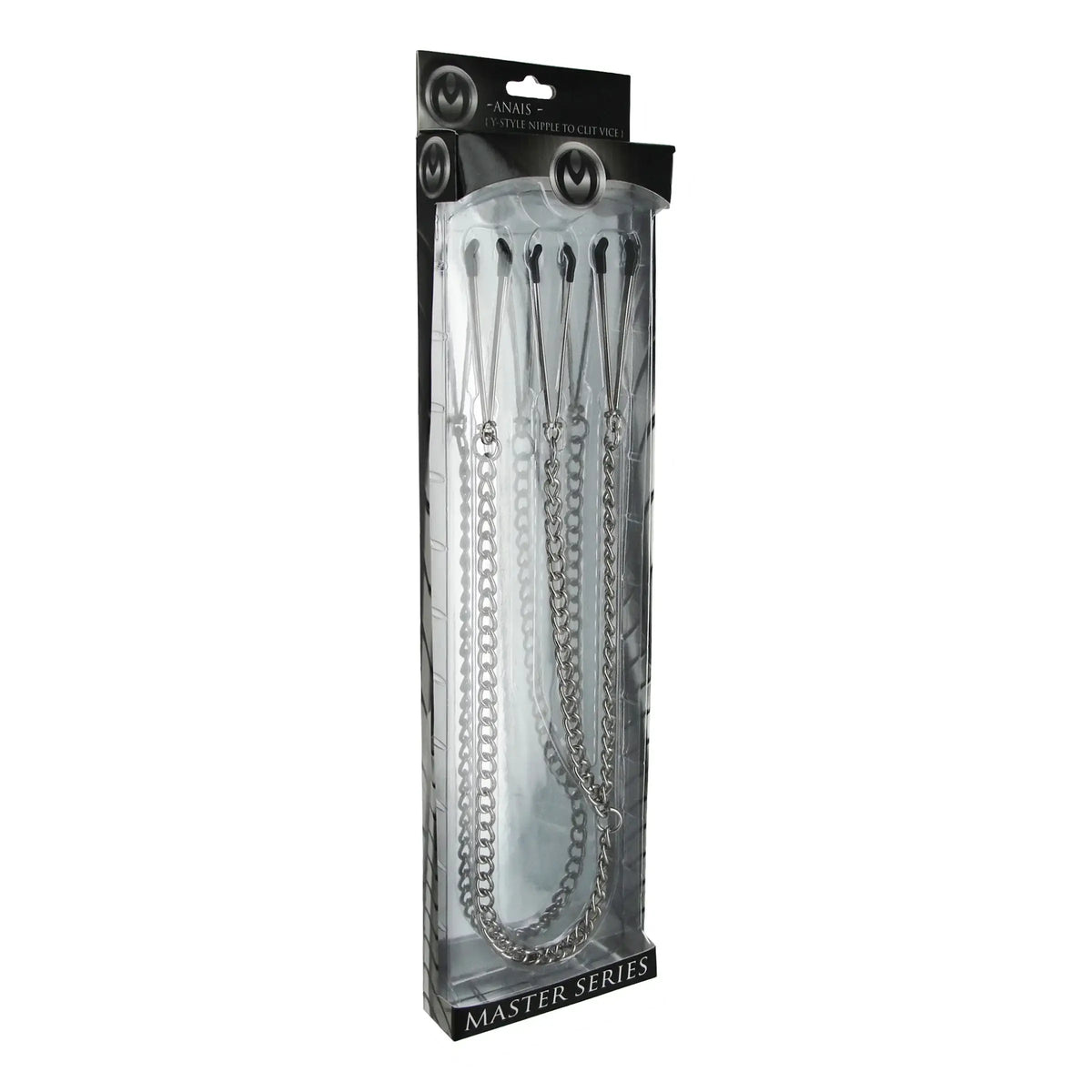 XR Brands® Brands Master Series Nipple to Clit Tweezer Clamp Set – Sliding Ring Vinyl Tips Chain Silver