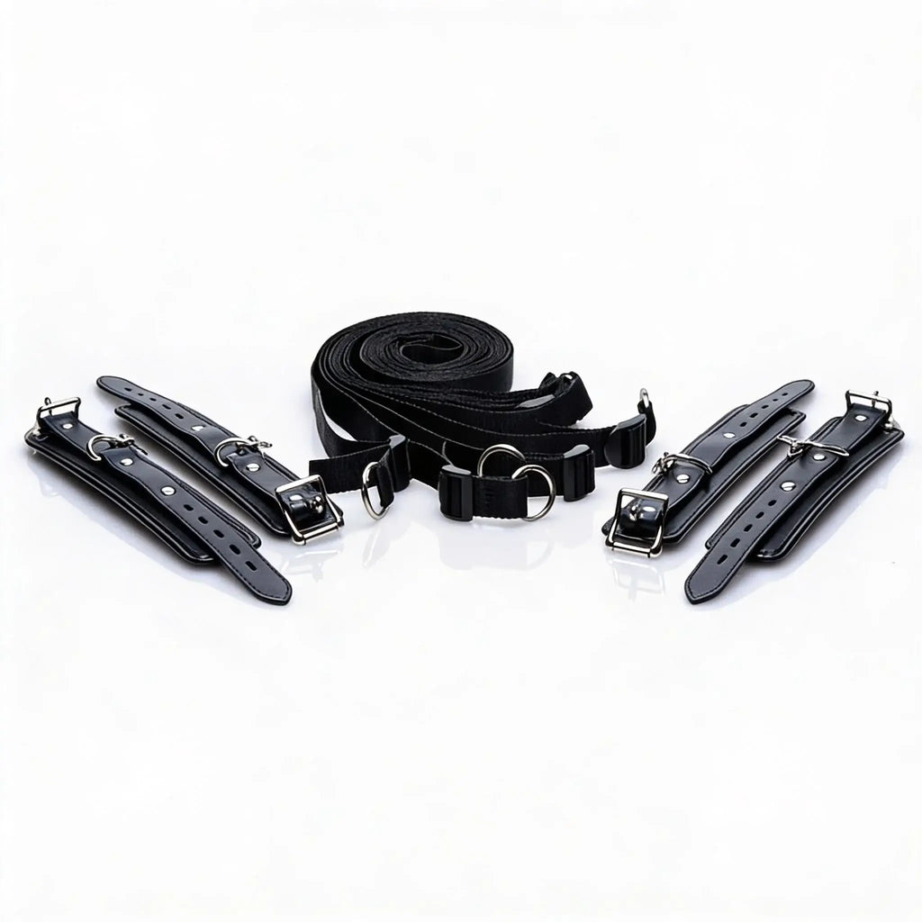 XR Brands® Brands Strict Deluxe Bed Restraint Kit – Padded Cuffs & Adjustable Straps Black
