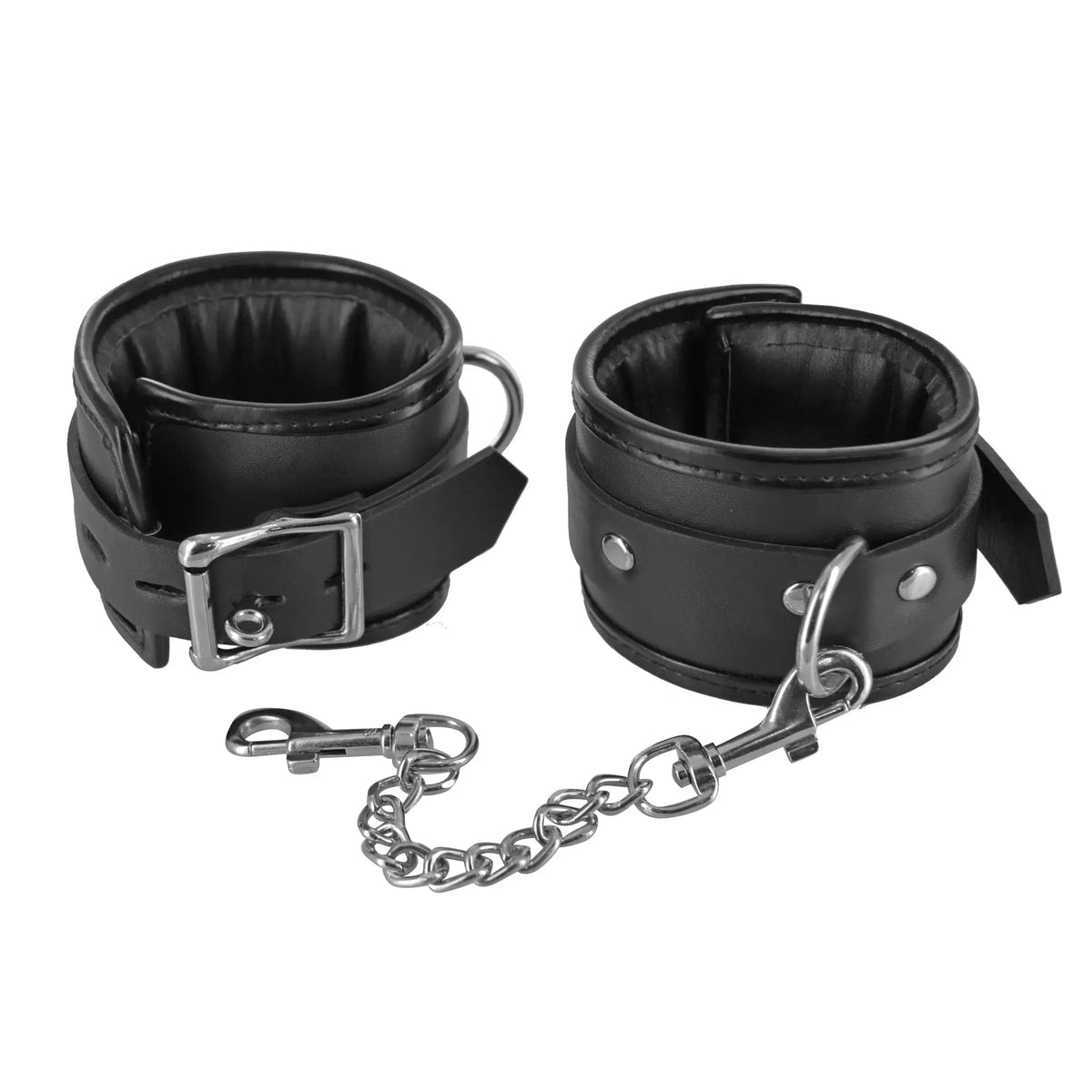 XR Brands® Brands Strict Locking Padded Wrist Cuffs with Chain | BDSM Restraints Black
