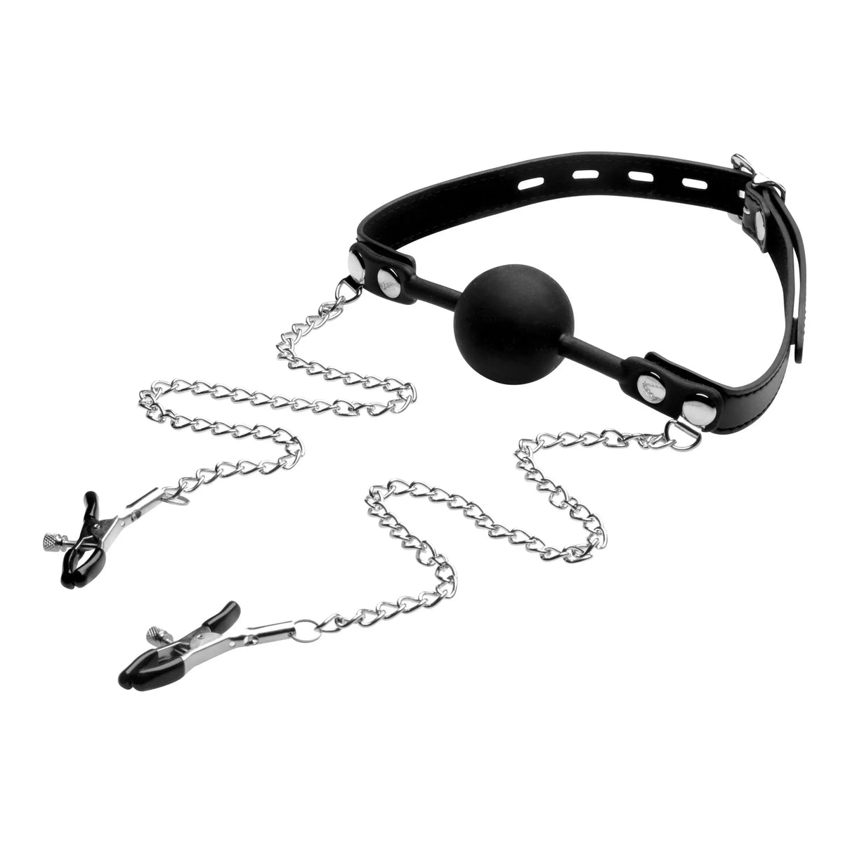 XR Brands® Brands Strict Silicone Ball Gag with Nipple Clamps – 2-in-1 Locking Lock & Keys Included Black