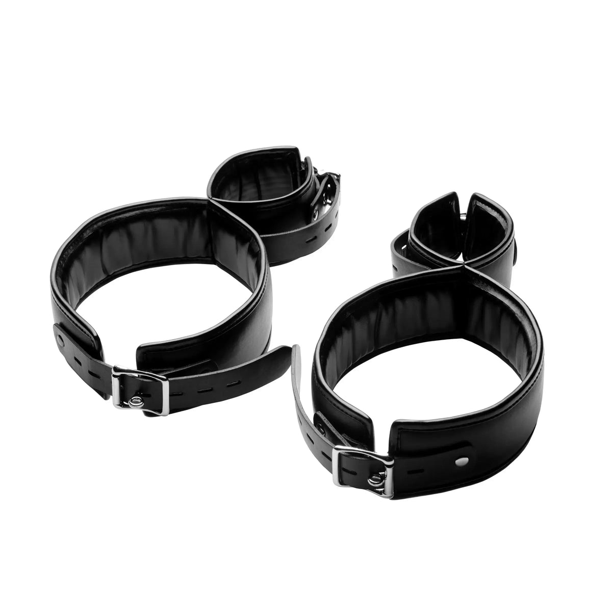 XR Brands® Brands Strict Thigh Cuff Restraint System – Wrist-to-Thigh Locking Padded Black