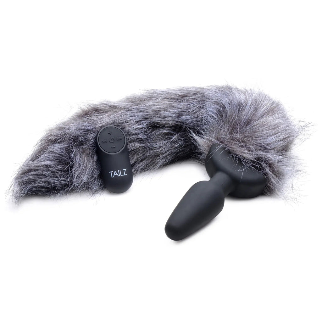 XR Brands® Brands Tailz Grey Fox Tail Vibrating Butt Plug – Remote Control & 10 Modes Gray