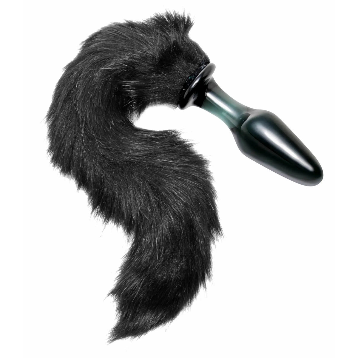 XR Brands® Brands Tailz Midnight Fox Glass Plug with Tail – Black Faux Fur Play