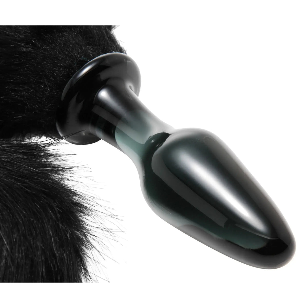 XR Brands® Brands Tailz Midnight Fox Glass Plug with Tail – Black Faux Fur Play