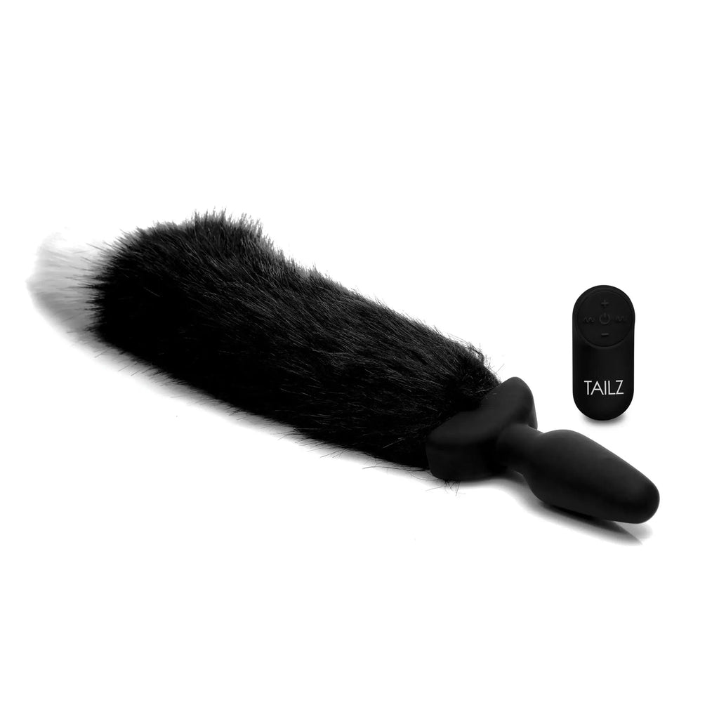 XR Brands® Brands Tailz Waggerz Fox Tail Butt Plug | Motorized Wagging 10 Vibration Modes Wireless Remote Black