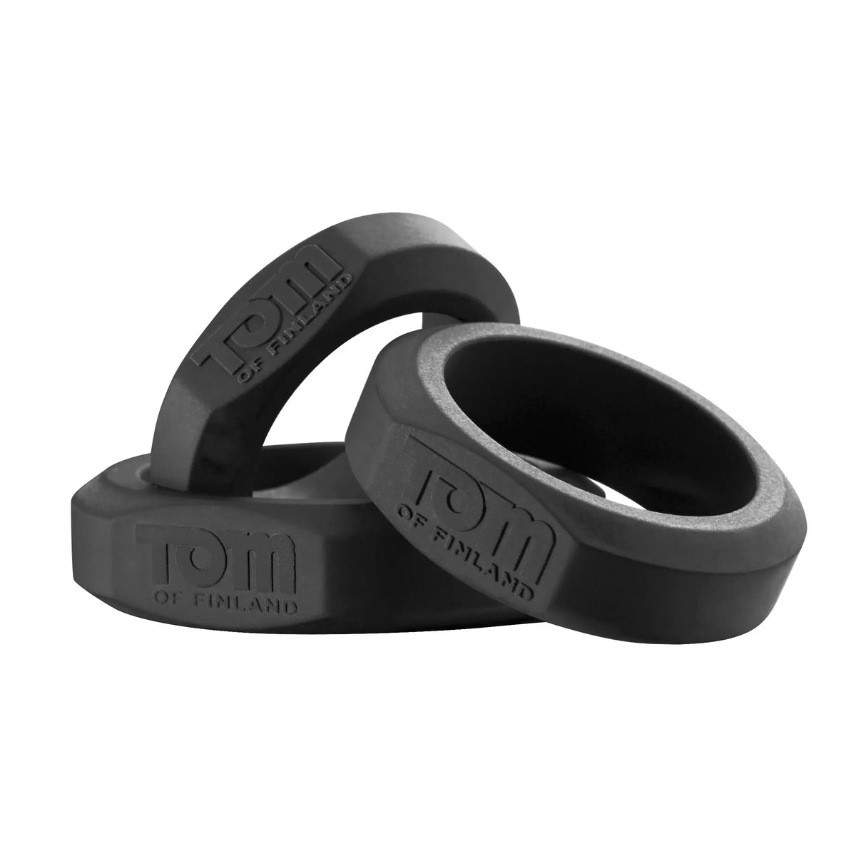 XR Brands® Brands Tom of Finland 3-Piece Silicone C-Ring Set – 3 Graduated Sizes 2 Colors Black