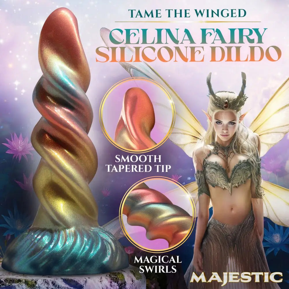 XR Brands® Celina Fairy Dildo – Fantasy Silicone with Spiral Ridge & Suction Cup | 8.1’’ Multicolor