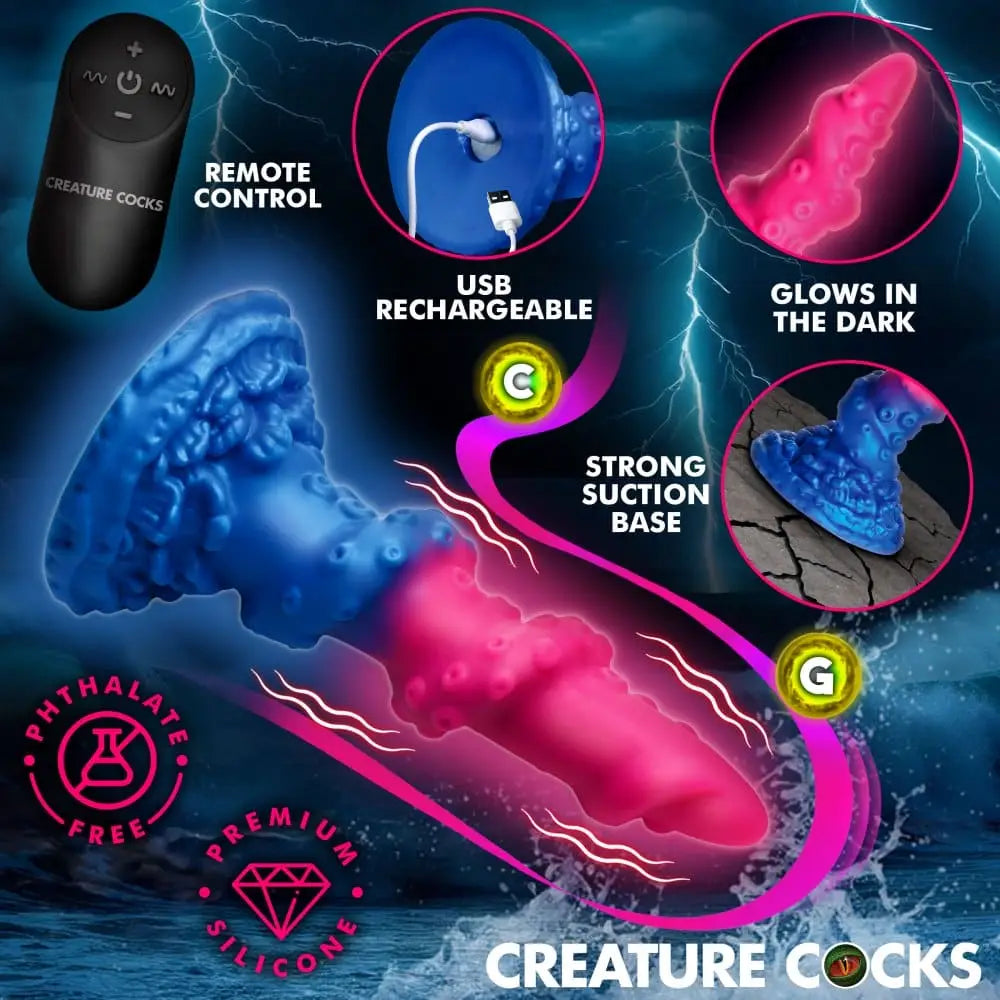 XR Brands® Deluxe Lord Kraken Vibrating Glow-in-the-Dark Silicone Dildo - Rolik®