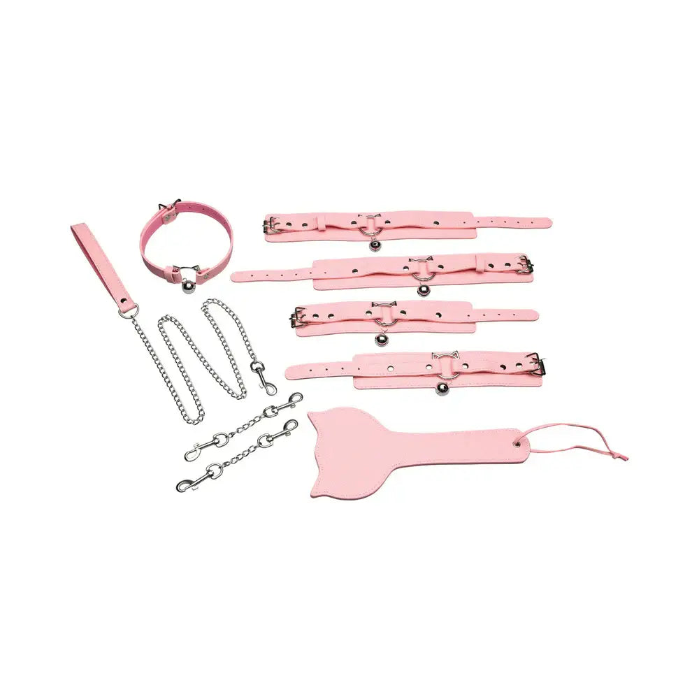 XR Brands® Kitty Bondage Set - Vegan Leather Restraints with Collar Cuffs & Paddle Pink