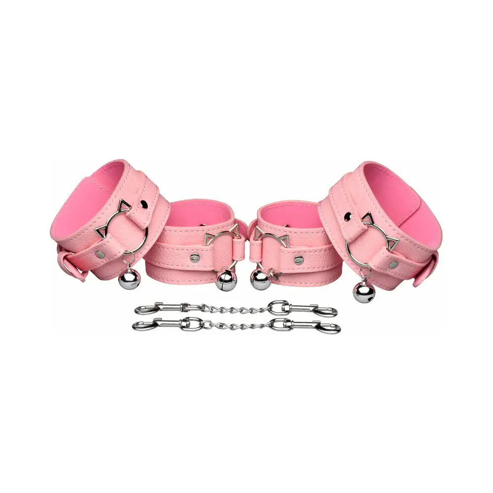 XR Brands® Kitty Bondage Set - Vegan Leather Restraints with Collar Cuffs & Paddle Pink