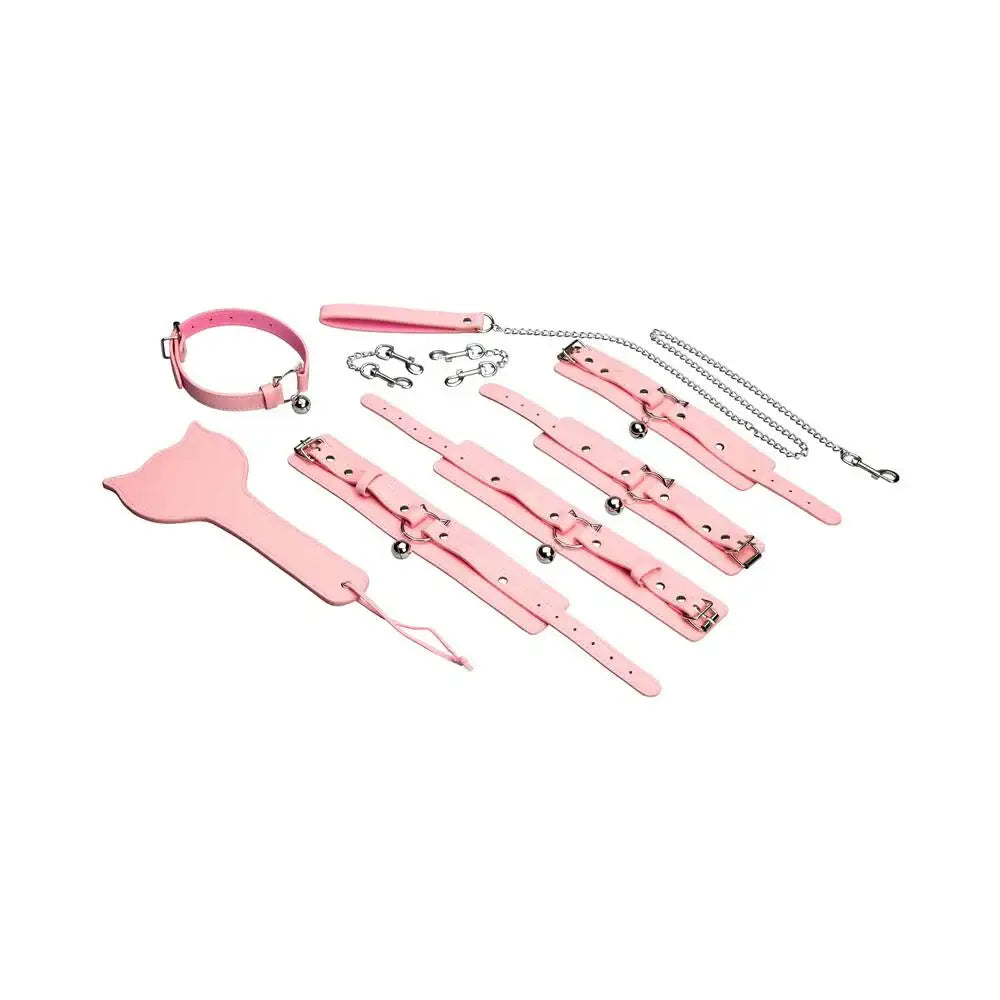 XR Brands® Kitty Bondage Set - Vegan Leather Restraints with Collar Cuffs & Paddle Pink