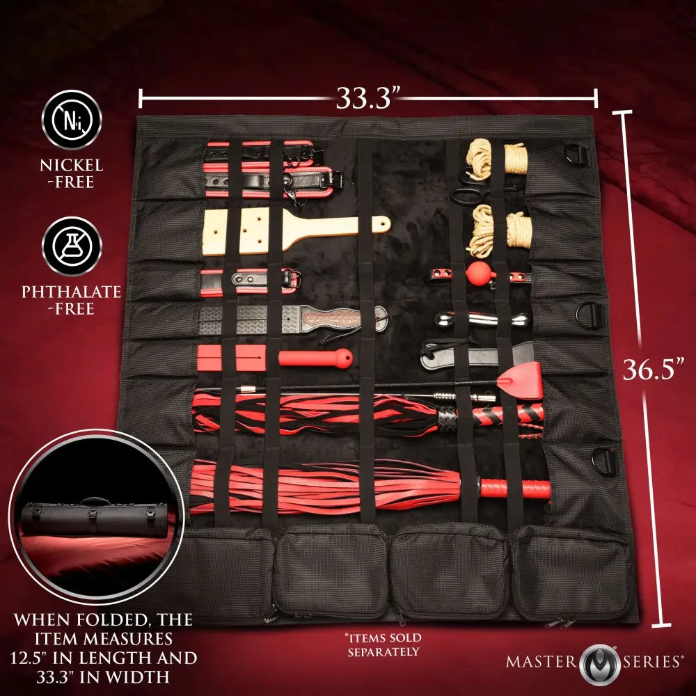 XR Brands® Master Series Discreet BDSM Travel Bag – Hanging Organizer with 7 Pockets & Shoulder Strap Black