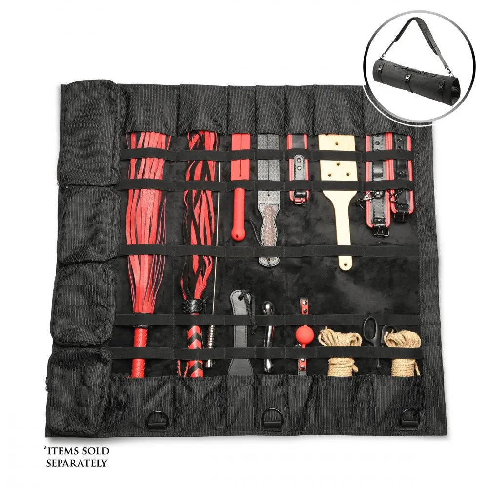XR Brands® Master Series Discreet BDSM Travel Bag – Hanging Organizer with 7 Pockets & Shoulder Strap Black
