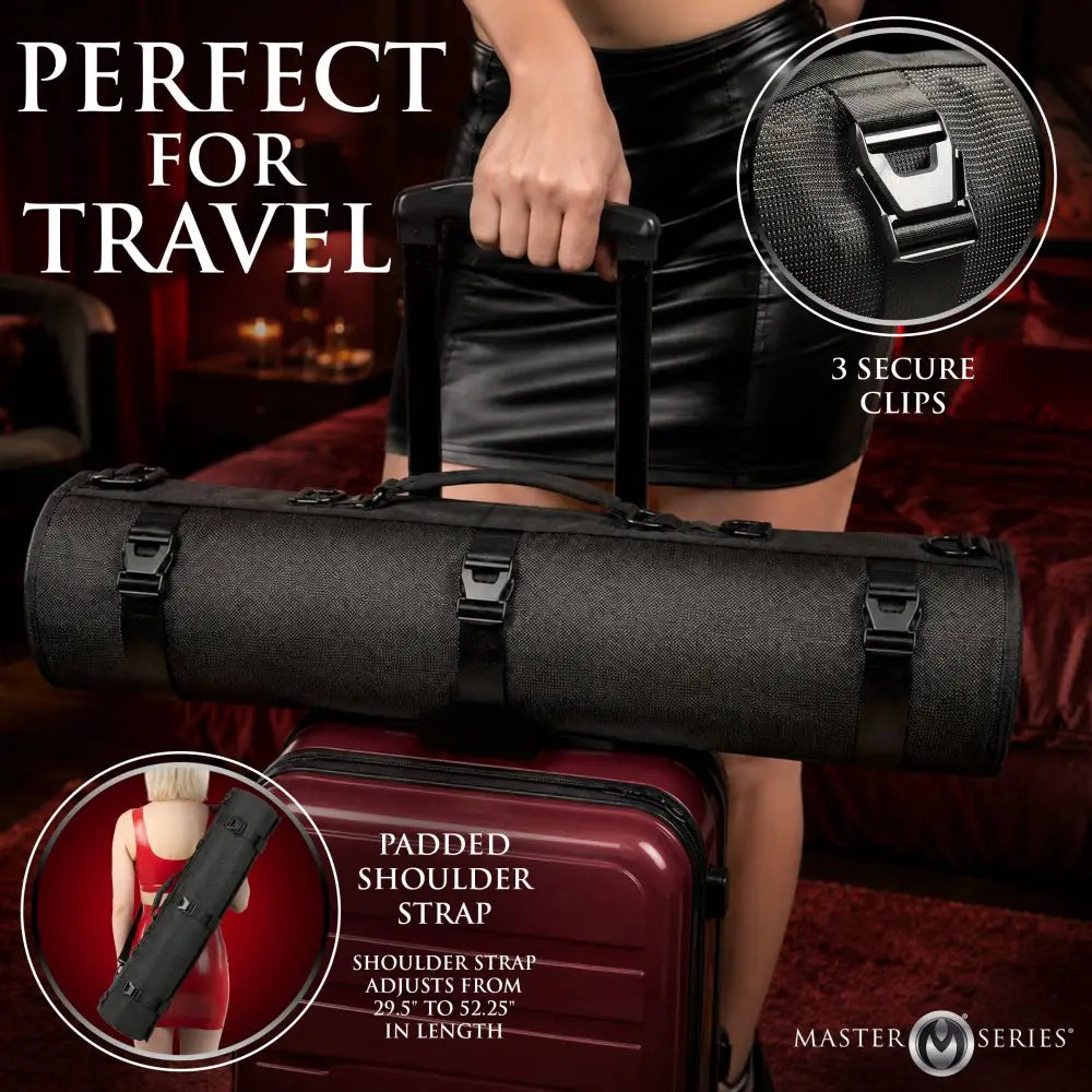 XR Brands® Master Series Discreet BDSM Travel Bag – Hanging Organizer with 7 Pockets & Shoulder Strap Black