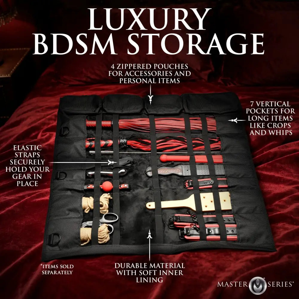 XR Brands® Master Series Discreet BDSM Travel Bag – Hanging Organizer with 7 Pockets & Shoulder Strap Black