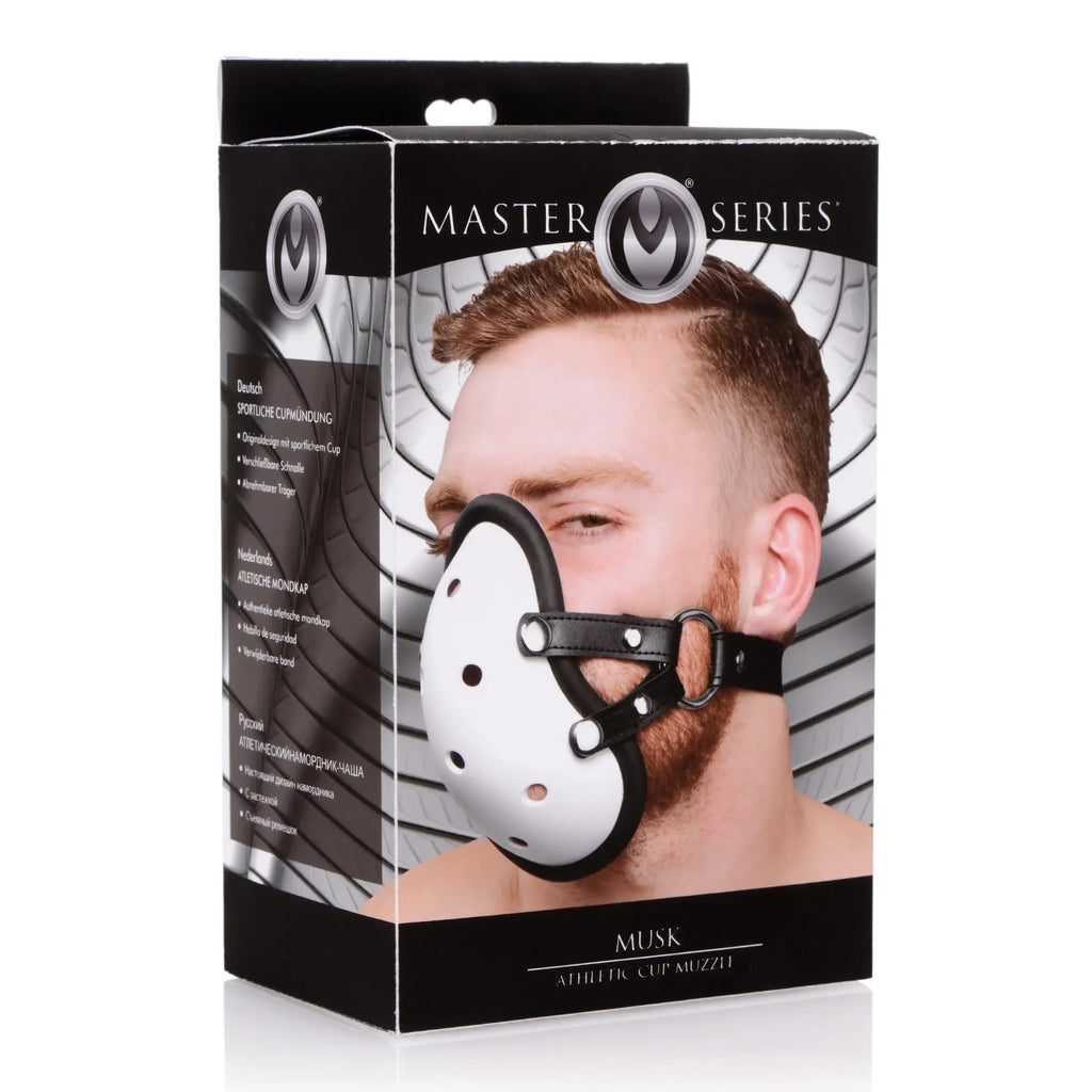 XR Brands® Master Series Musk Athletic Cup Muzzle – Scent Play BDSM Mask White