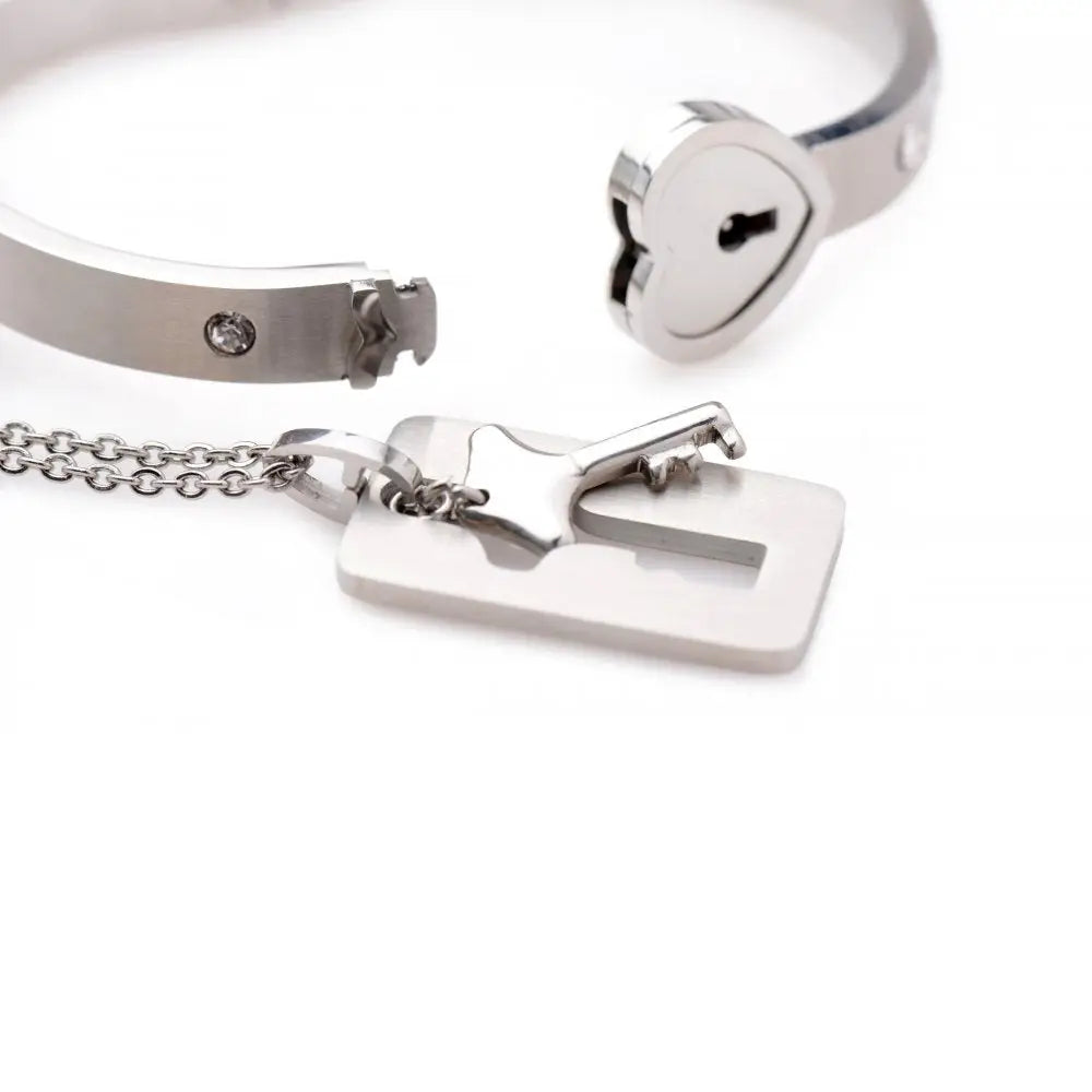 Master Series® Cuffed Locking Bracelet and Key Necklace - Silver - Restraints