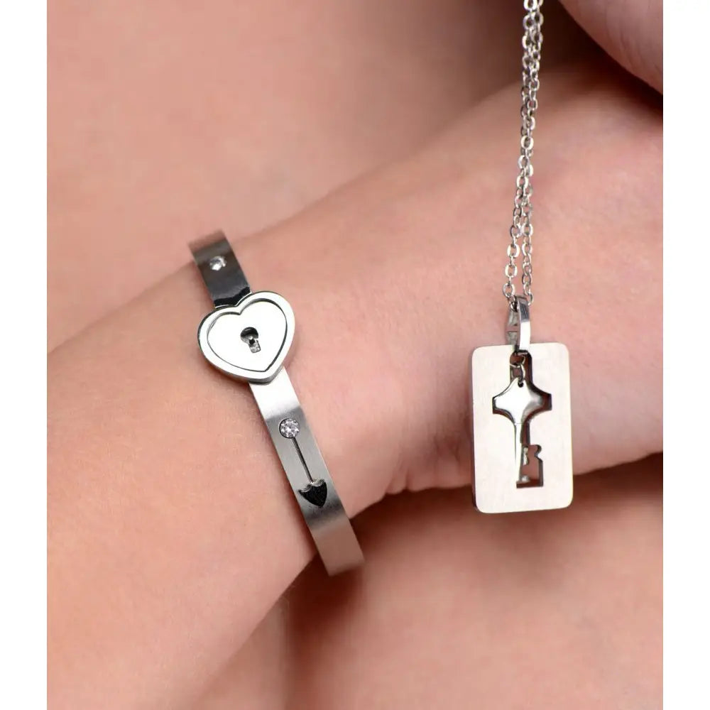 Master Series® Cuffed Locking Bracelet and Key Necklace - Silver - Restraints
