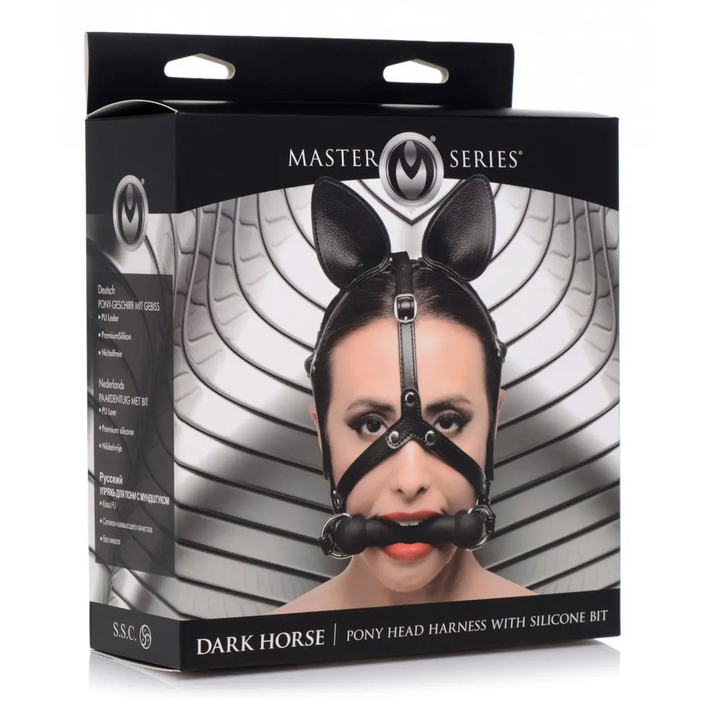Master Series® Dark Horse Pony Head Harness With Silicone Bit - Black - Gags