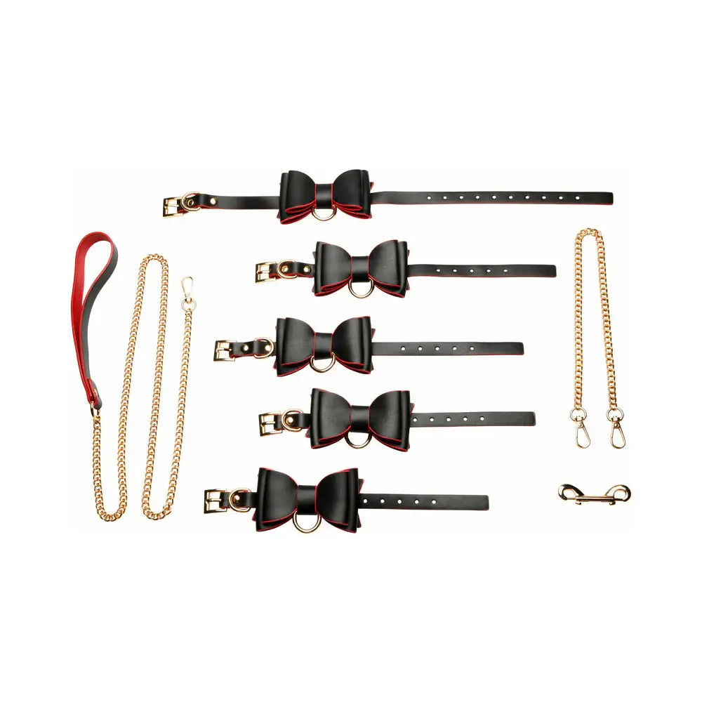 XR Brands® Gothic Bondage Set – Vegan Leather Collar Cuffs & Chain Leash Multicolor