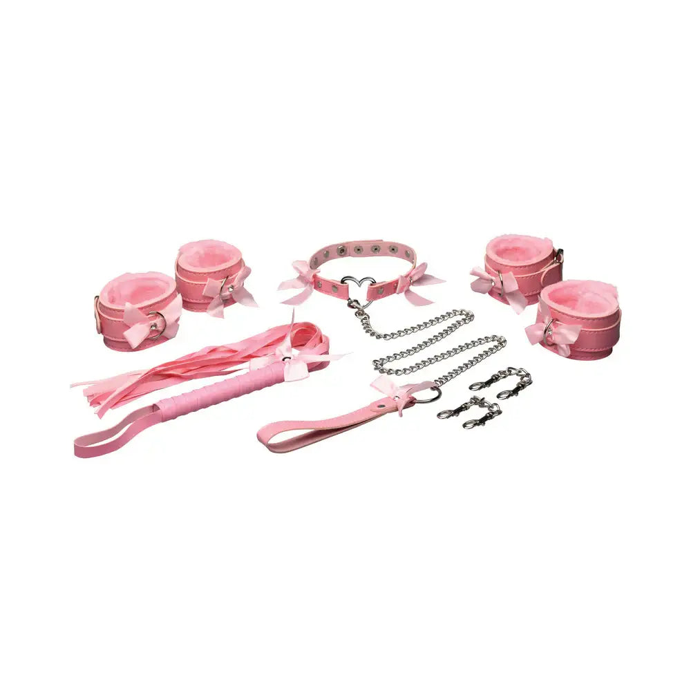 XR Brands® Master Series® Kawaii Bondage Set - Pink Vegan Leather Restraint Kit with Collar Cuffs & Flogger